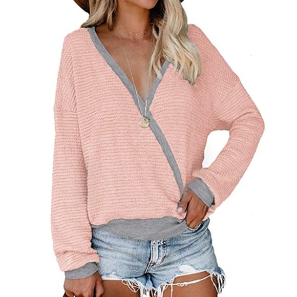 Sweaters - NWT Pink/Grey Waffle Knit Faux Wrap Sweater Top